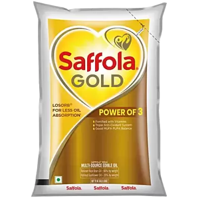 Saffola Gold Oil - Power Of 3, Blend Of Rice Bran & Sunflower Oil, 1 L Pouch